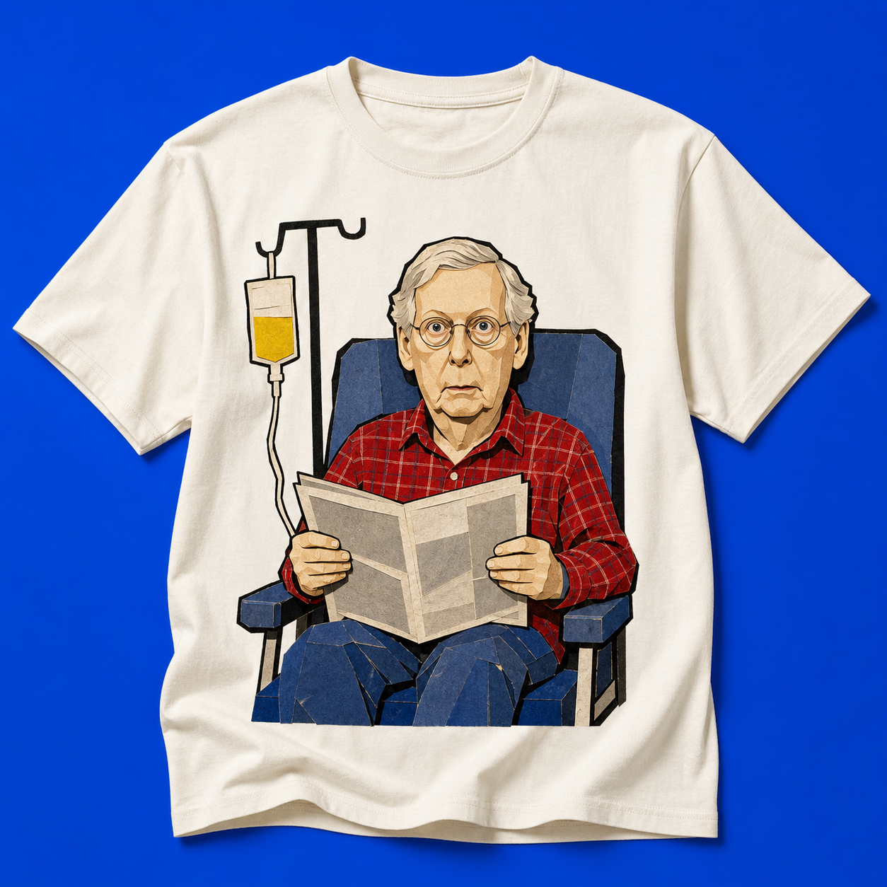 Concept mockup of an Alive Mitch hospital-chair T-shirt