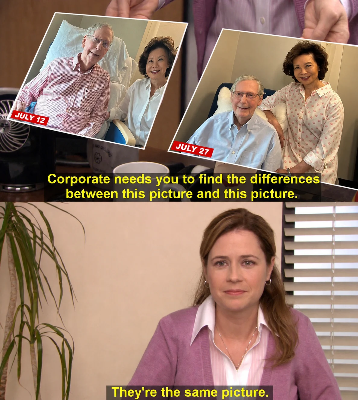 The Office same-picture meme comparing the July 12 and July 27 photos released by Mitch McConnell's office